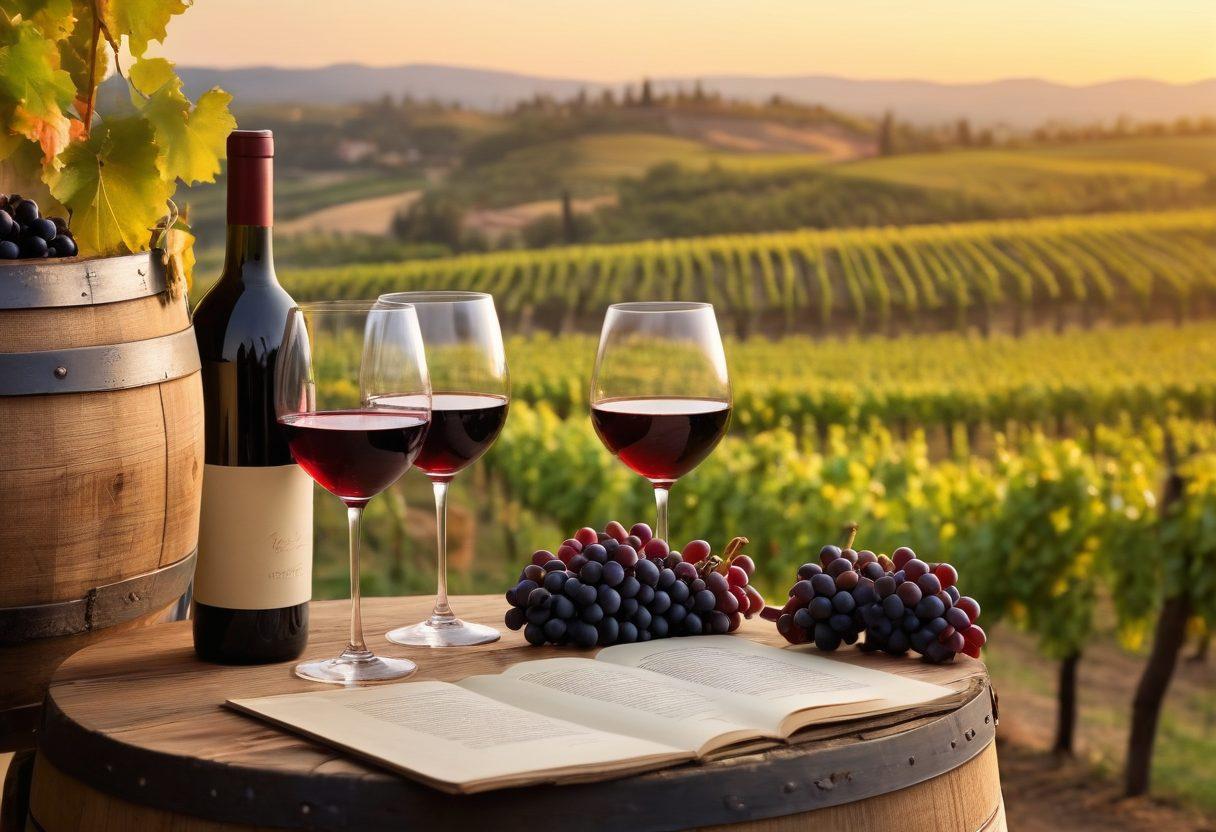 A vibrant vineyard landscape at sunset, with rolling hills covered in grapevines, clusters of ripe grapes hanging from the vines, and a rustic wooden wine barrel in the foreground. A bottle of red wine poured into a crystal glass, surrounded by wine accessories like a corkscrew and a tasting notebook. In the background, a knowledgeable sommelier explaining wine notes to a captivated audience. warm golden tones. super-realistic. vibrancy.