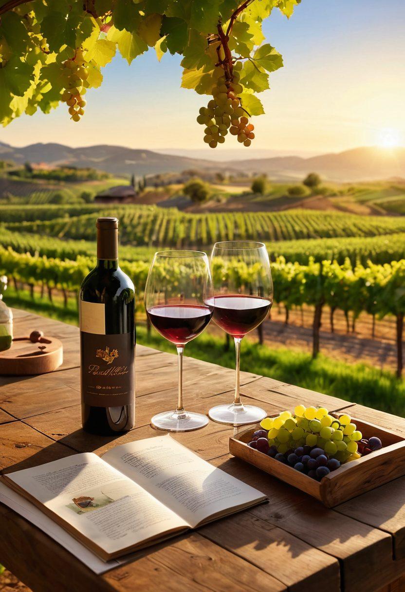 An elegant vineyard landscape at sunset, showcasing rows of grapevines laden with ripe grapes, a rustic wooden table set with wine glasses and a tasting booklet. A diverse group of aspiring connoisseurs attentively learning from an expert sommelier, with rolling hills and a soft light creating a warm atmosphere. super-realistic. vibrant colors. picturesque.