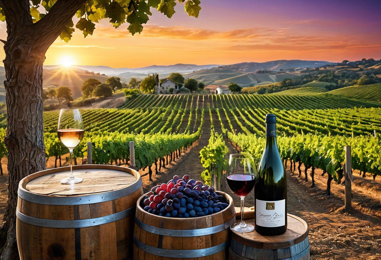 A picturesque vineyard landscape at sunset, showcasing rows of lush grapevines heavy with ripe grapes. In the foreground, an ancient oak barrel is filled with sparkling wine, surrounded by grape varieties labeled with elegant tags. Gentle hills in the background transition into a quaint winery, where winemakers are joyfully toasting. Vivid colors and a blend of warm and cool tones capture the essence of oenology. super-realistic. vibrant colors. 3D.